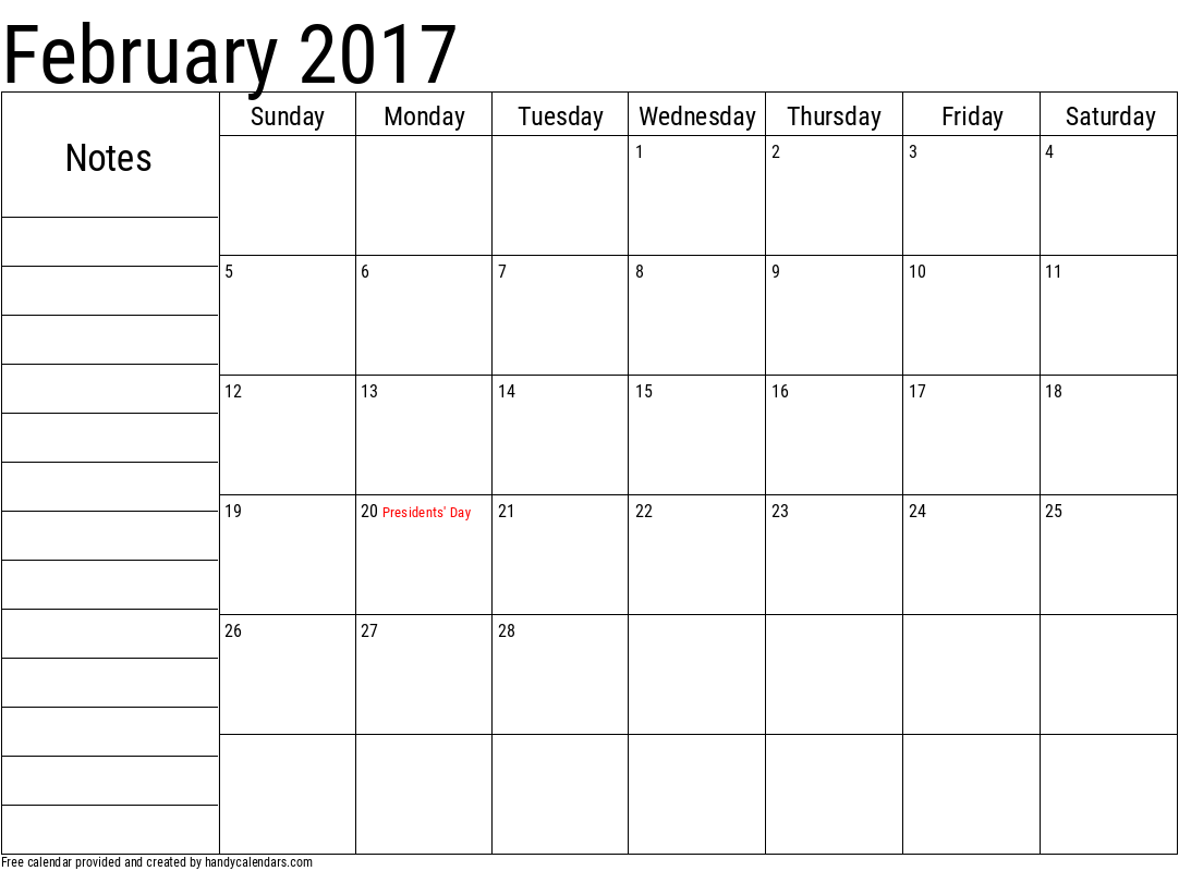 February 2017 Calendar With Notes And Holidays - Handy Calendars