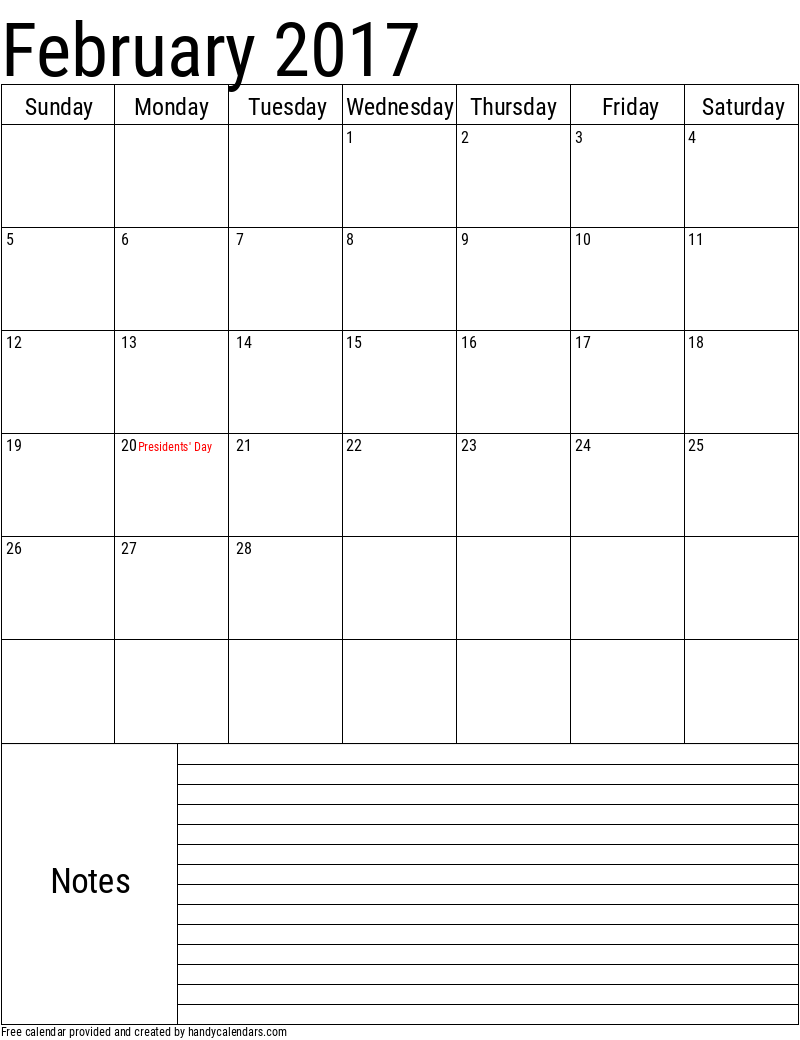 February 2017 Vertical Calendar With Notes And Holidays - Handy Calendars