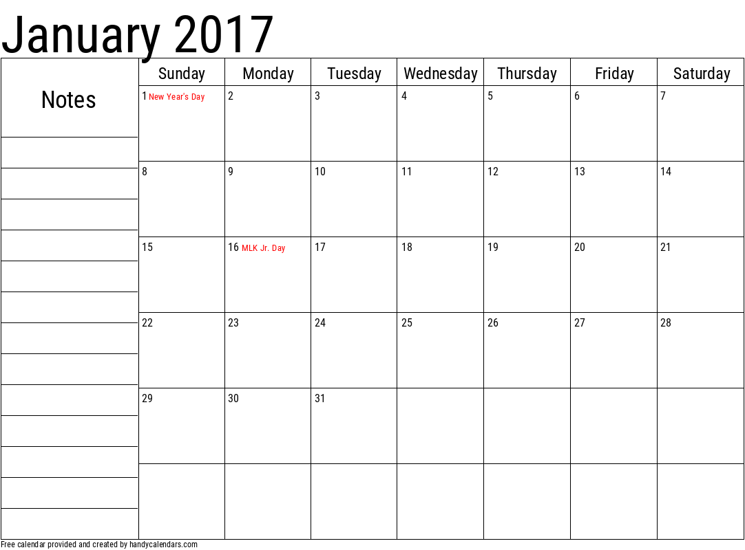 January 2017 Calendar With Notes And Holidays - Handy Calendars