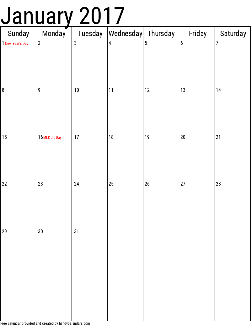 January 2017 Vertical Calendar With Holidays - Handy Calendars