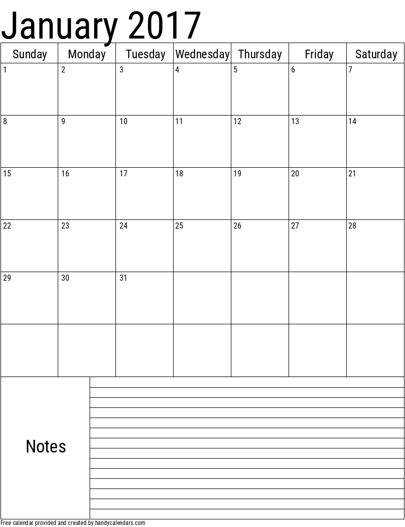 January 2017 Vertical Calendar With Notes Handy Calendars
