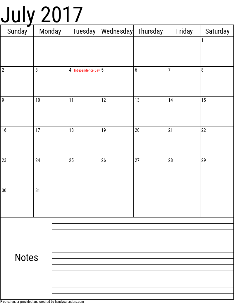 July 2017 Vertical Calendar With Notes And Holidays - Handy Calendars