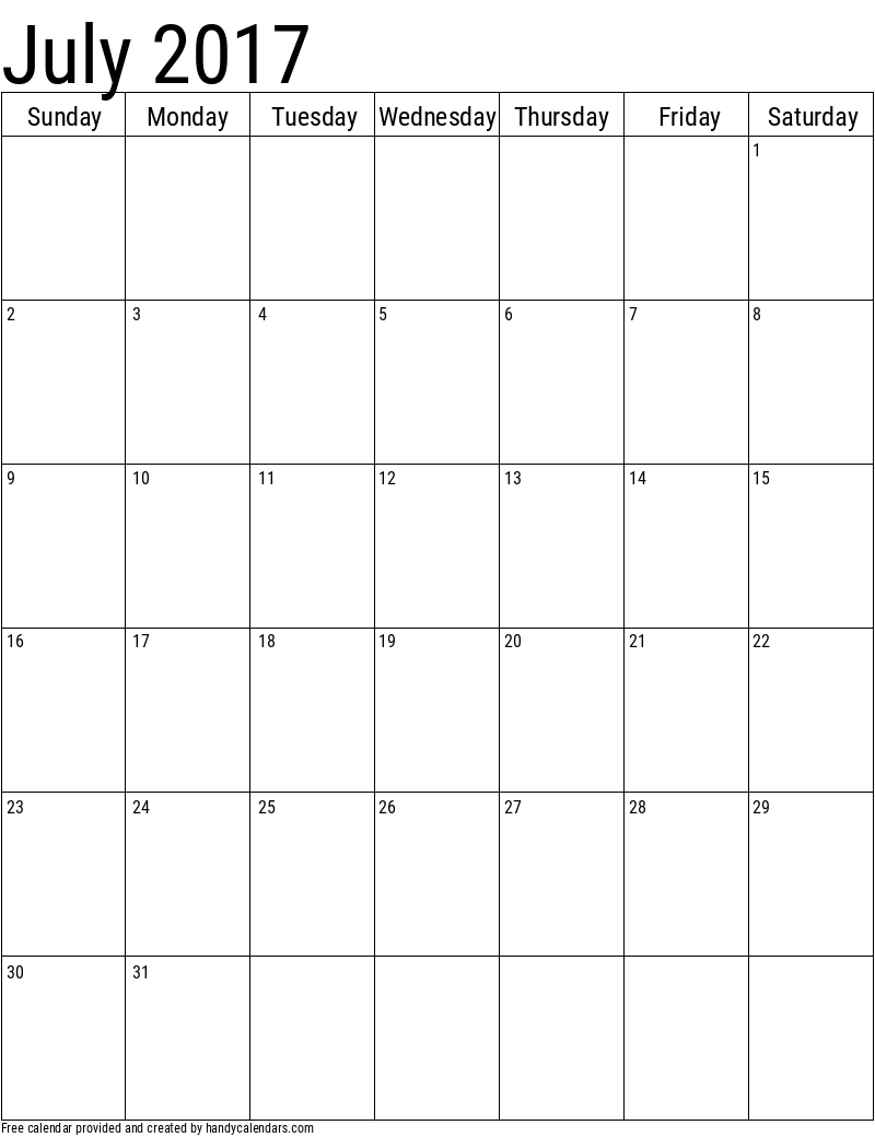 July 2017 Vertical Calendar - Handy Calendars