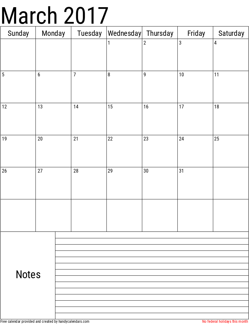 March 2017 Vertical Calendar With Notes And Holidays - Handy Calendars