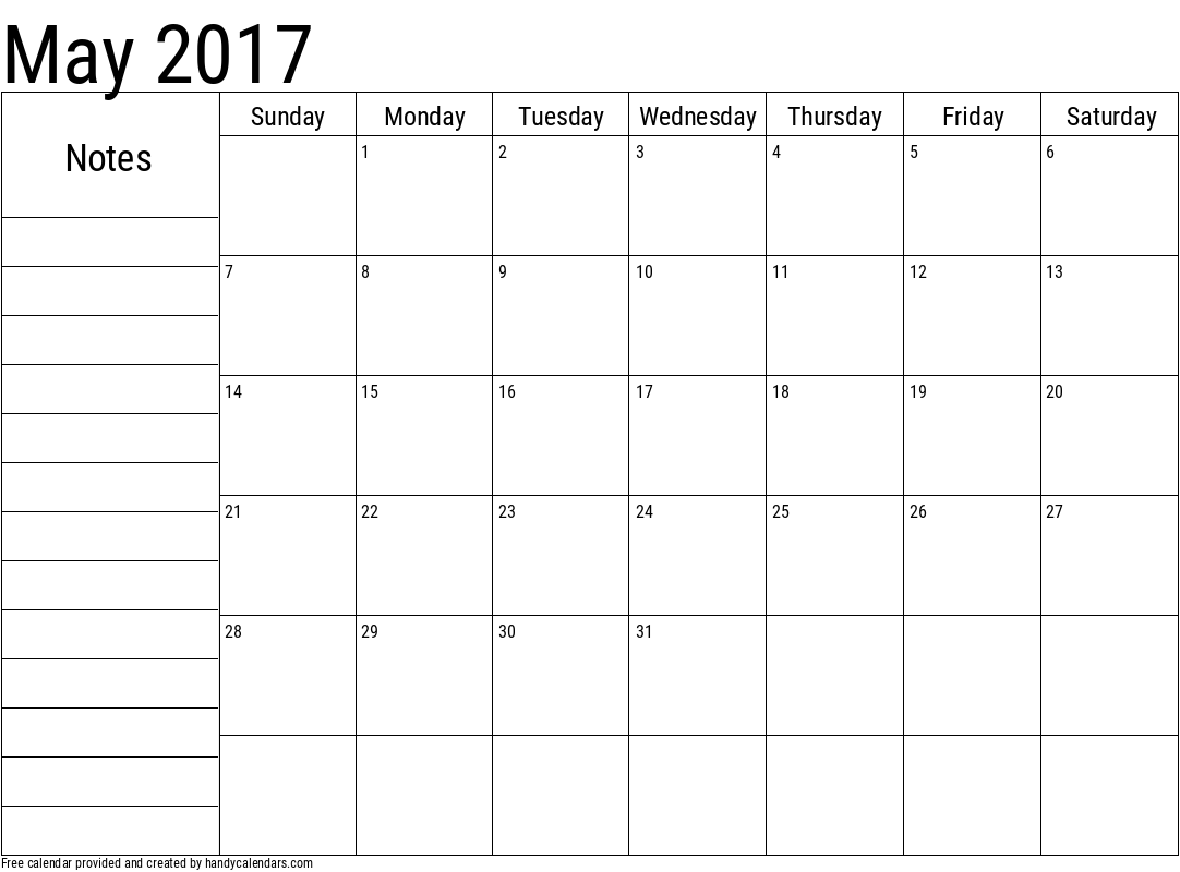 May 2017 Calendar With Notes Handy Calendars