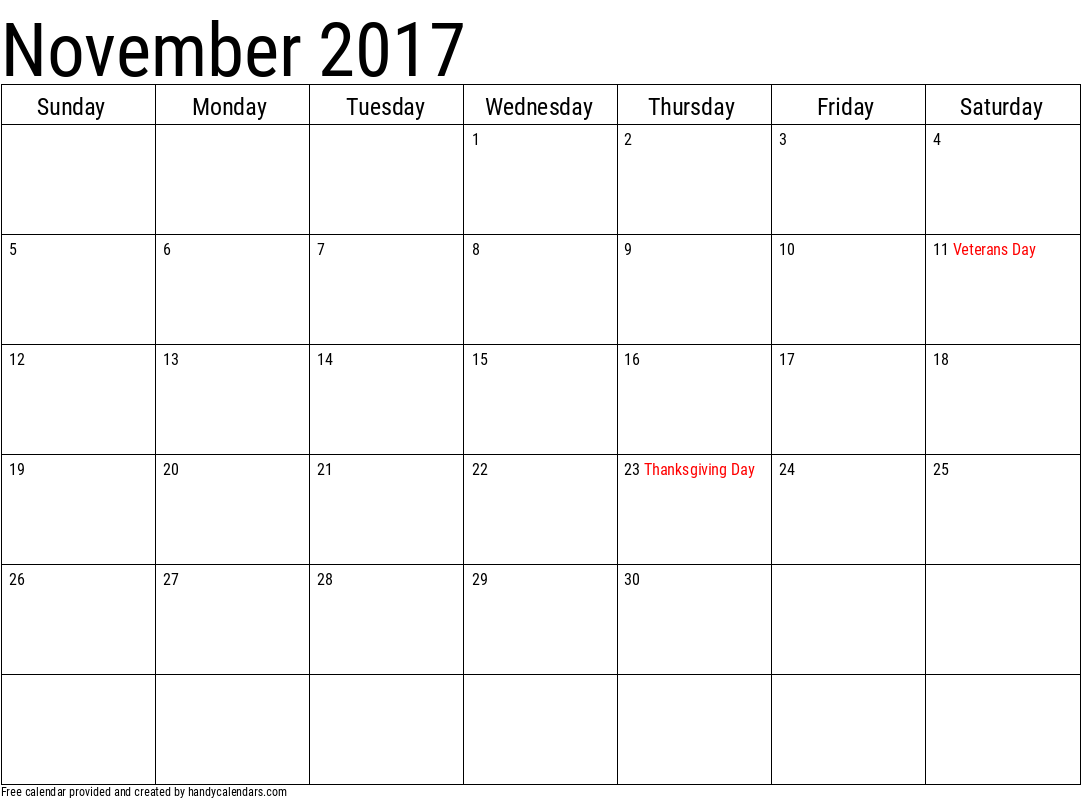 November 2017 Calendar With Holidays Handy Calendars