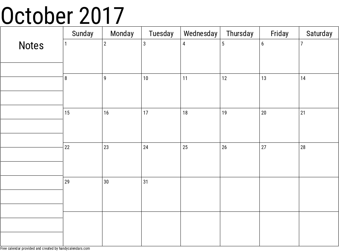 October 2017 Calendar With Notes Handy Calendars