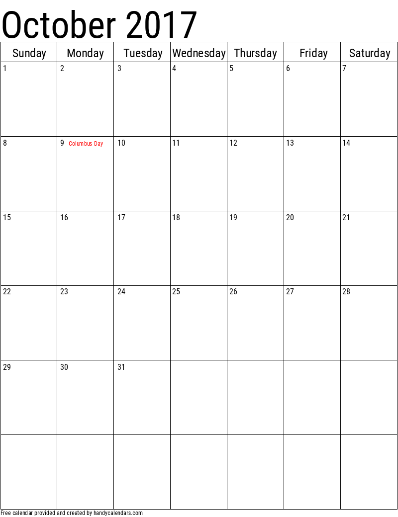 October 2017 Vertical Calendar With Holidays - Handy Calendars