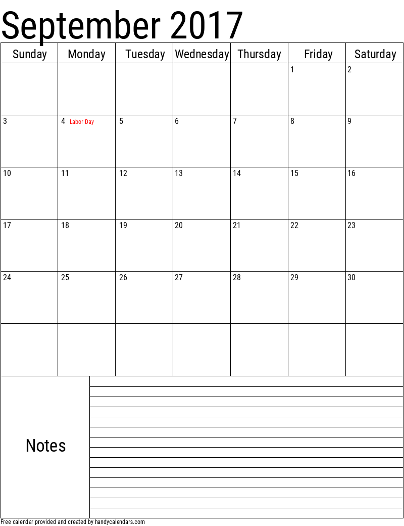 September 2017 Vertical Calendar With Notes And Holidays - Handy Calendars