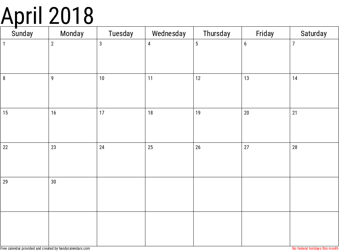 2018 April Calendars Handy Calendars