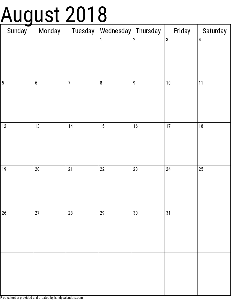 2018 August Vertical Calendar Template