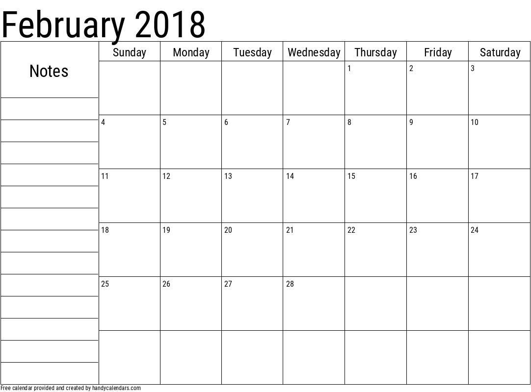 February 2018 Calendar With Notes
