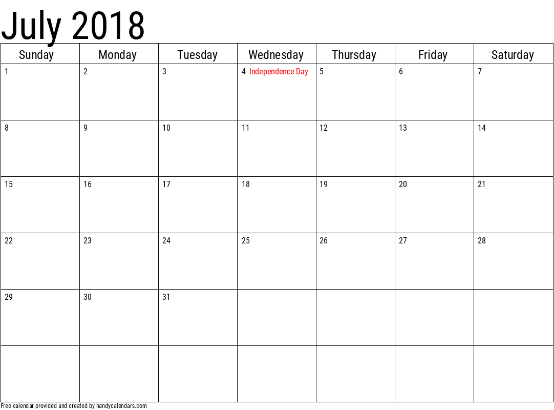 2018 July Calendars Handy Calendars