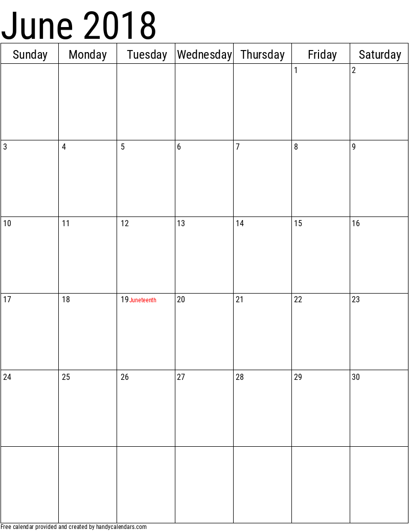 June 2018 Vertical Calendar