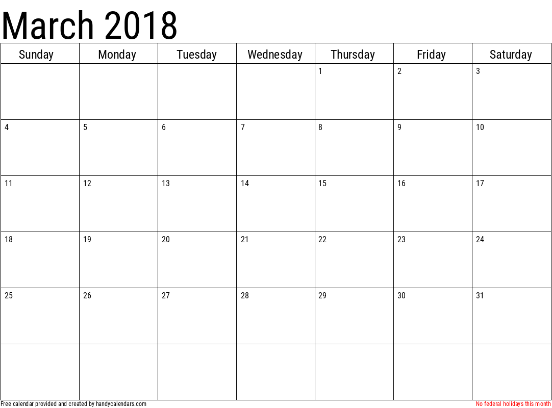 2018 March Calendar Template with Holidays