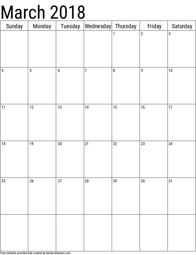 2018 March Vertical Calendar Template