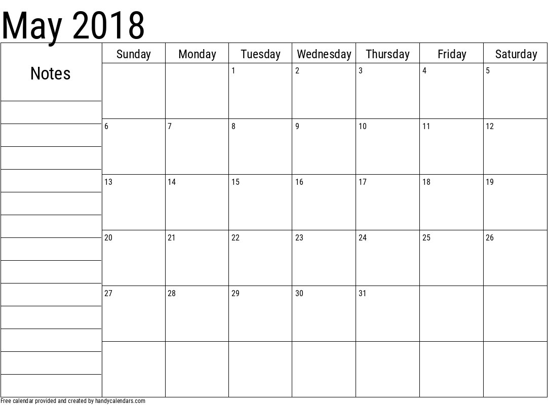 2018 May Calendar with Notes Template