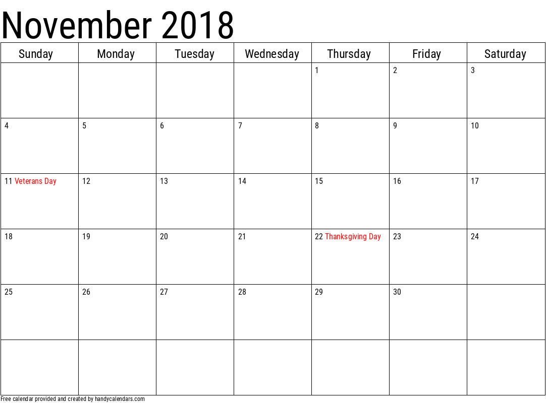 2018 November Calendars Handy Calendars