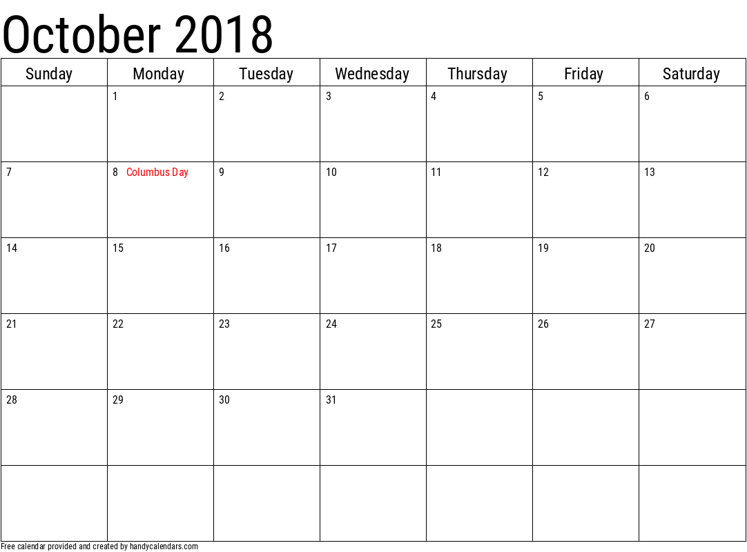 October 2018 Usa Calendar With Holidays