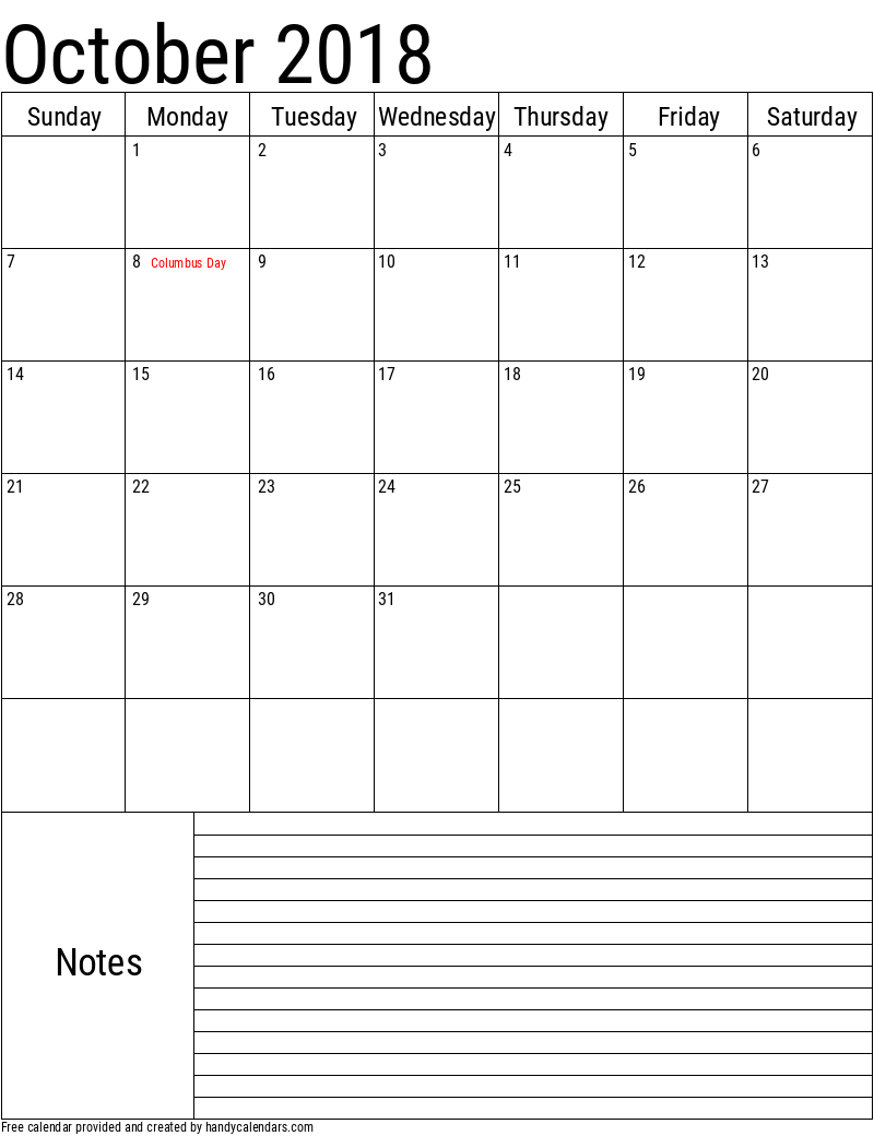 October 2018 Vertical Calendar With Notes And Holidays Handy Calendars