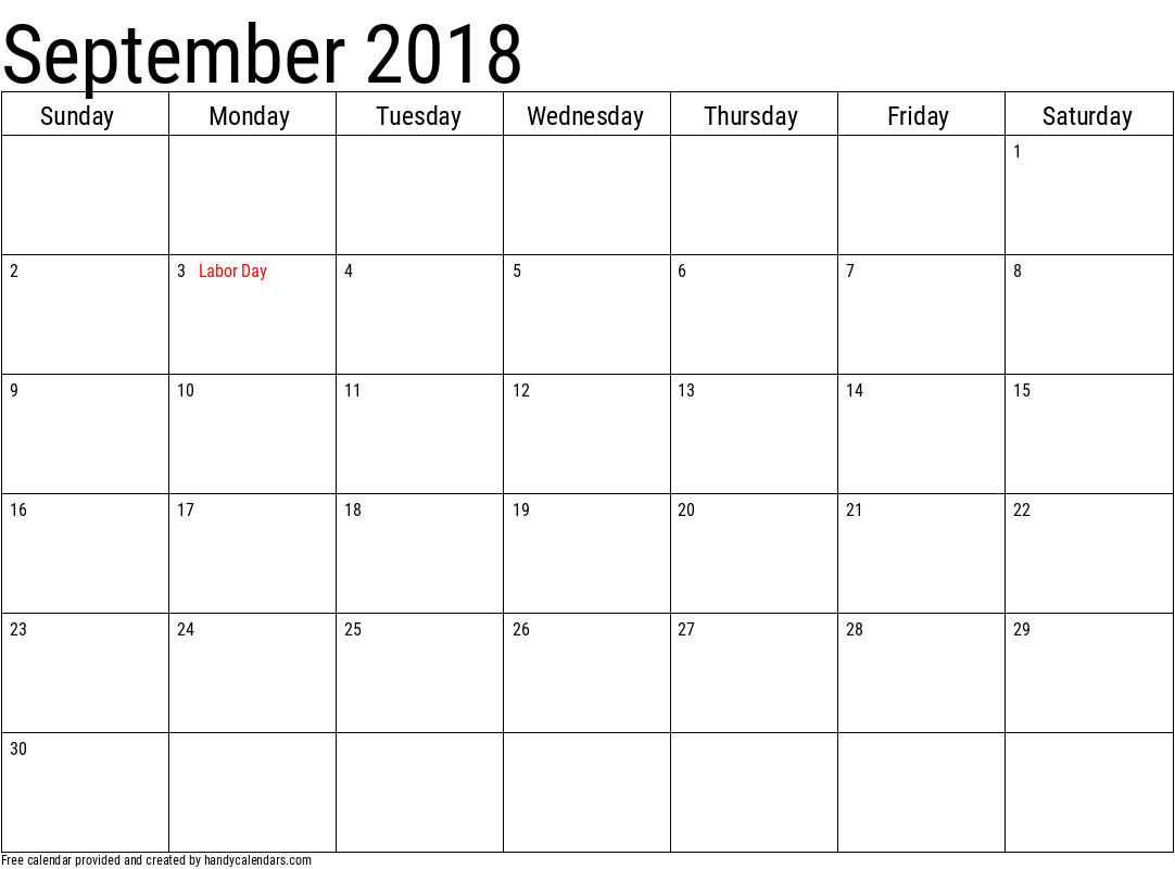 2018 September Calendar Template with Holidays