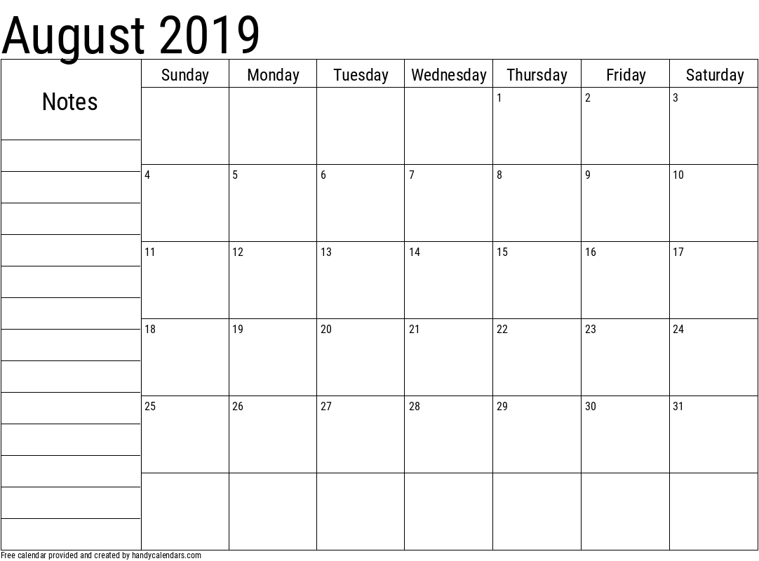 2019 August Calendars Handy Calendars