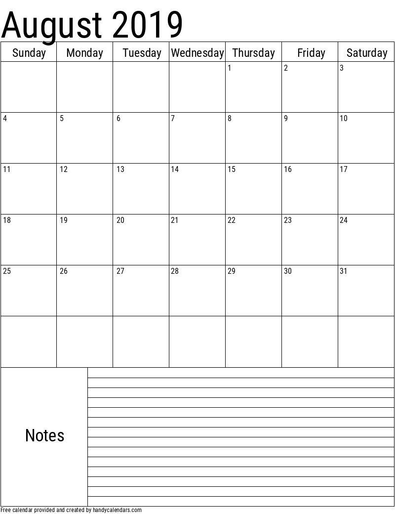 2019 August Calendars - Handy Calendars