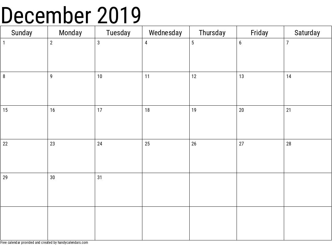 2019 December Calendar Template