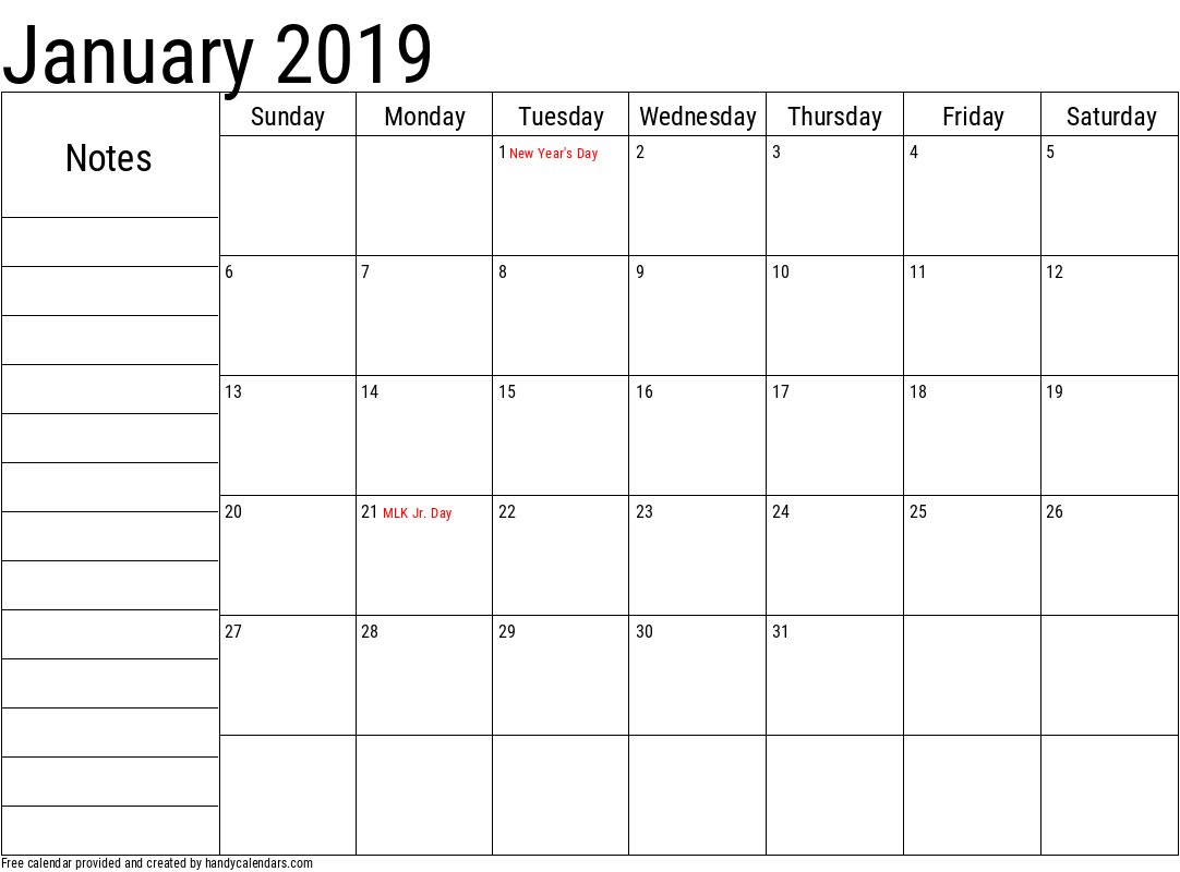 January 2019 Calendar With Notes And Holidays Handy Calendars