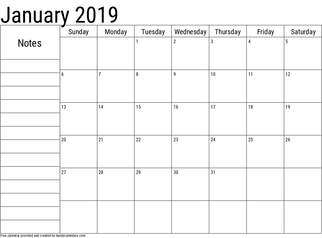 2019 January Calendar with Notes Template