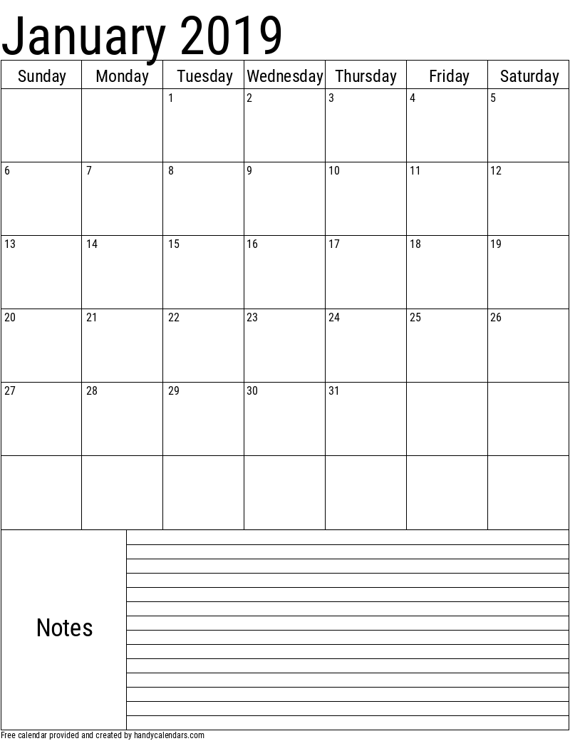 2019 January Vertical Calendar with Notes Template