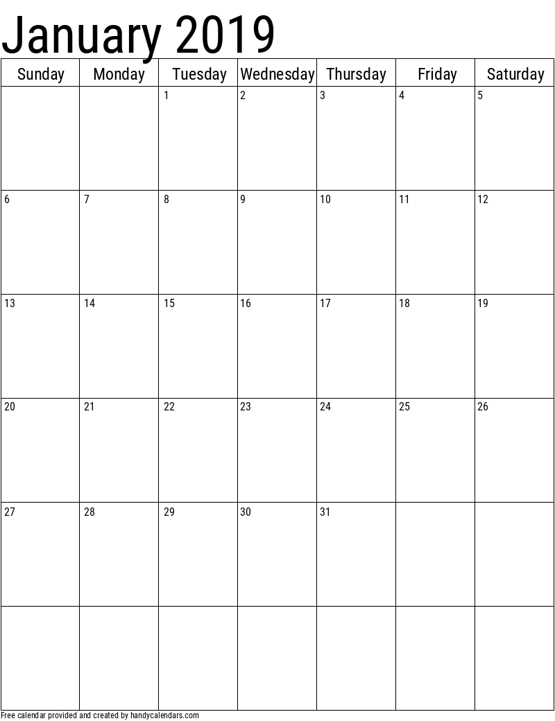 2019 January Vertical Calendar Template