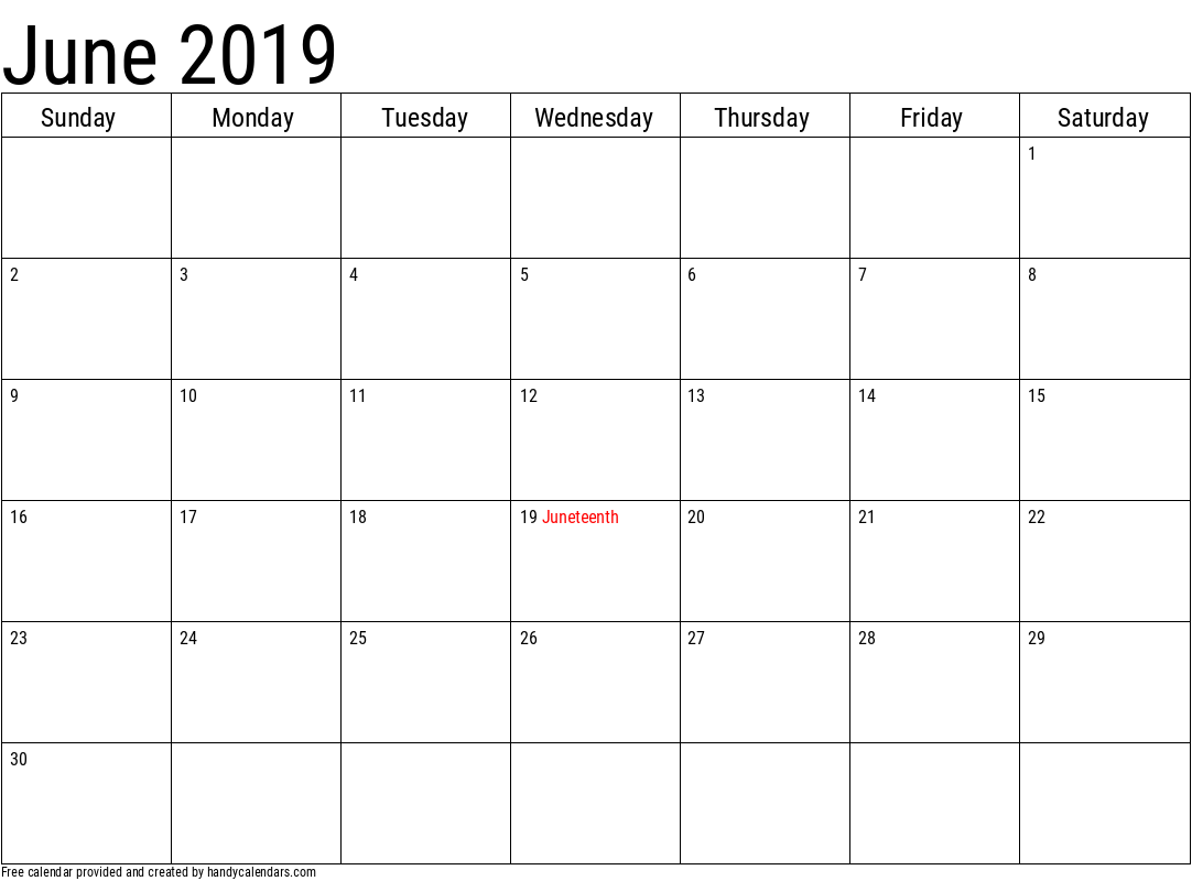 2019 June Calendar Template with Holidays