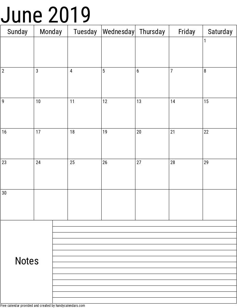 2019 June Vertical Calendar with Notes Template