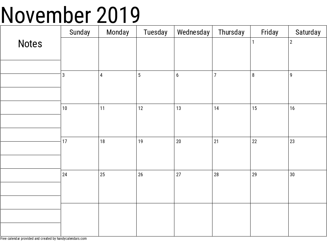 2019 November Calendar with Notes Template