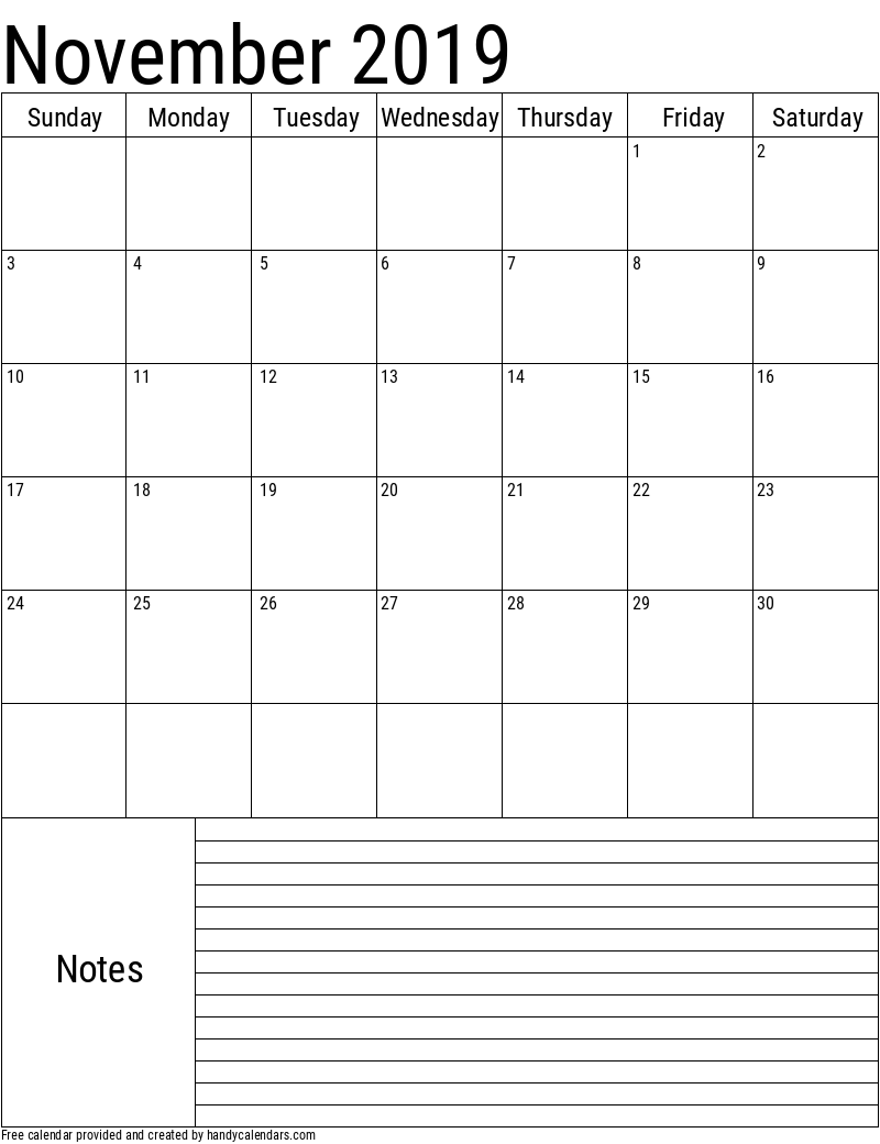 2019 November Vertical Calendar with Notes Template