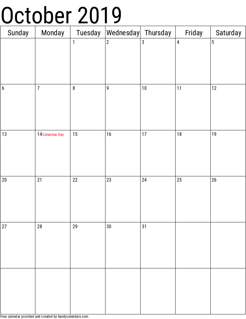 October 2019 Vertical Calendar With Holidays Handy Calendars October 2019 Vertical Calendar With Holidays Handy Calendars