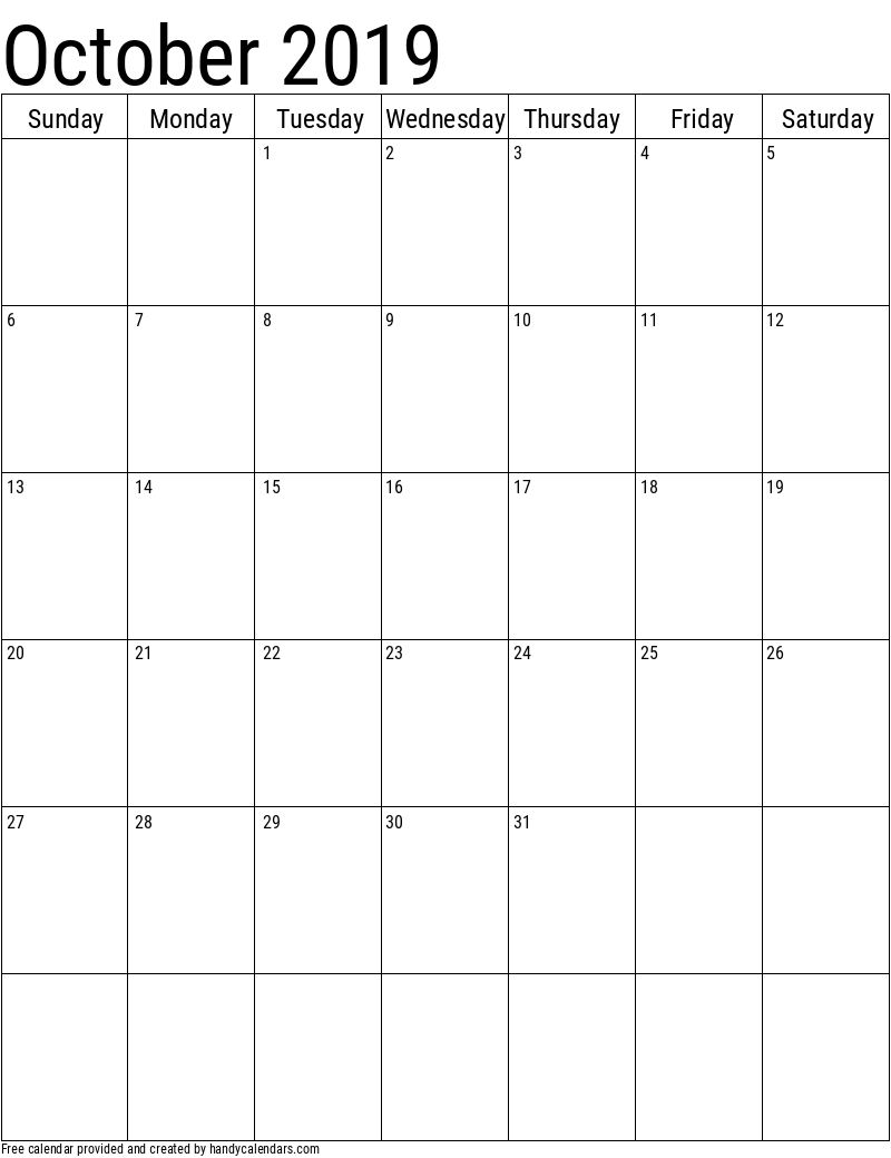 2019 October Calendars - Handy Calendars