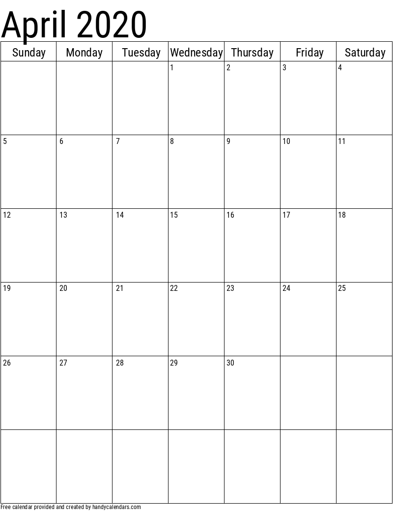 2020 April Vertical Calendar Template
