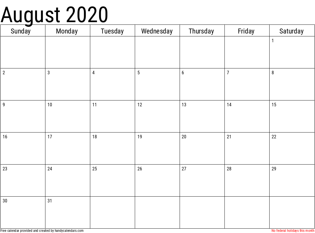 2020 August Calendar Template with Holidays