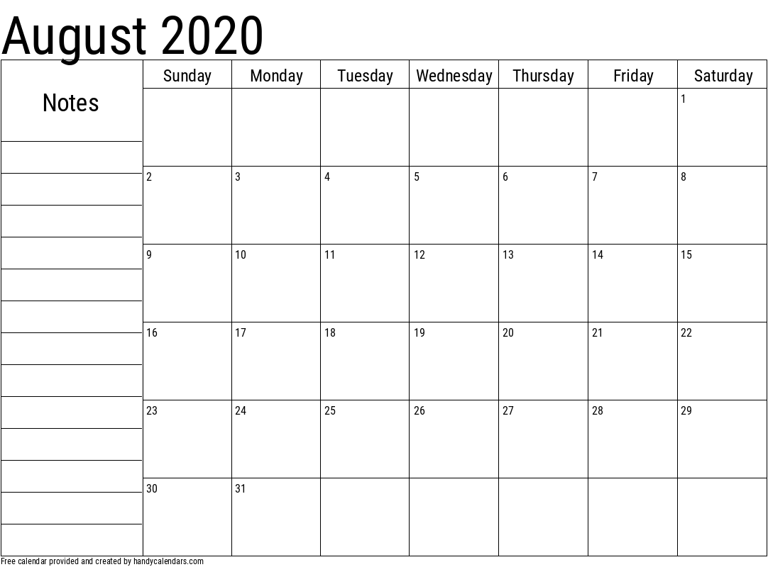 2020 August Calendar with Notes Template