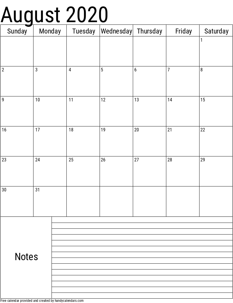 2020 August Vertical Calendar with Notes Template