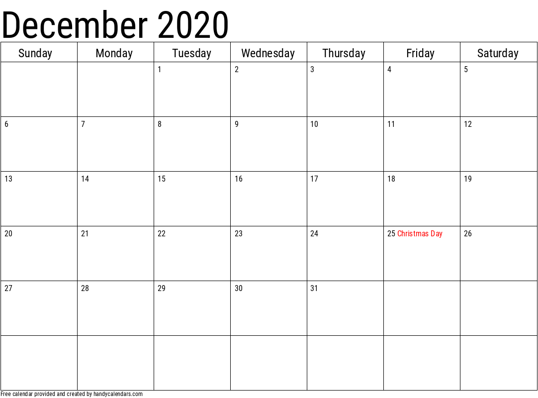 2020 December Calendar Template with Holidays