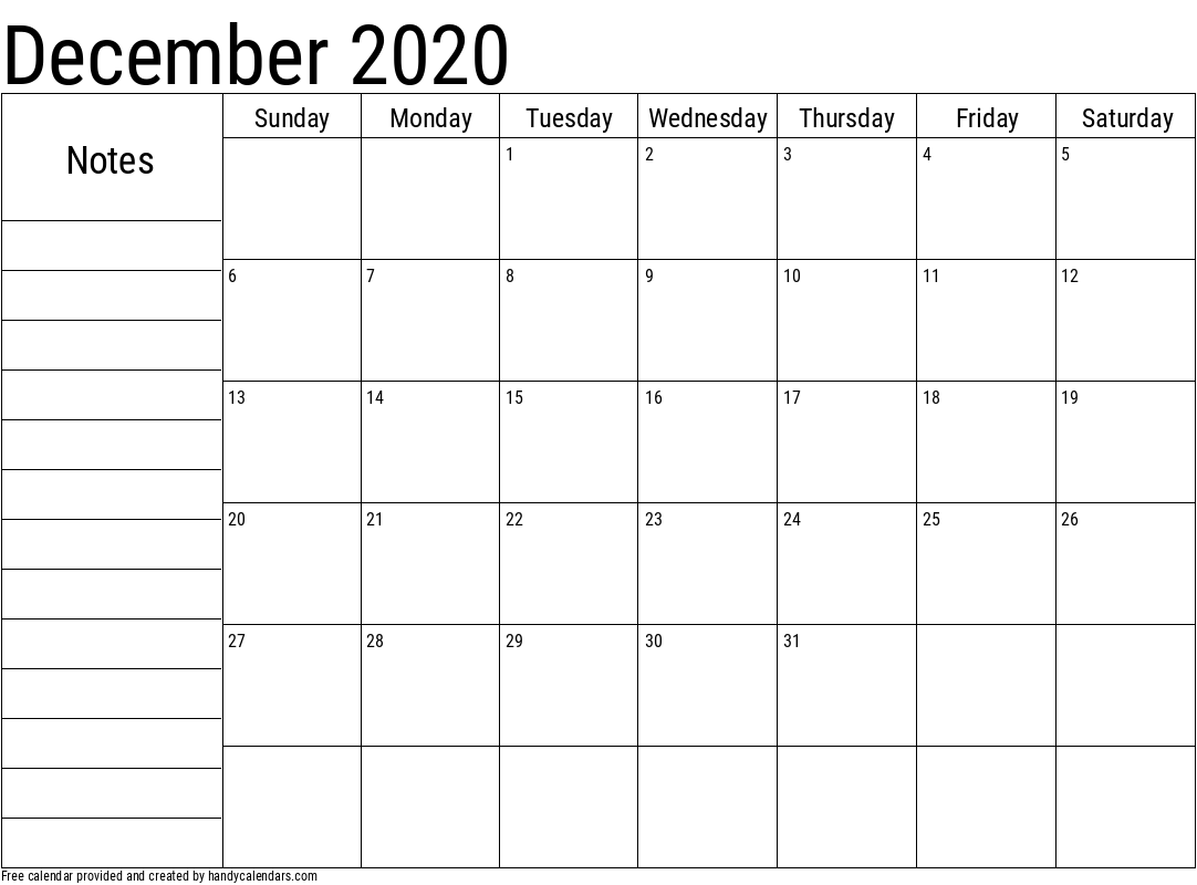 2020 December Calendar with Notes Template