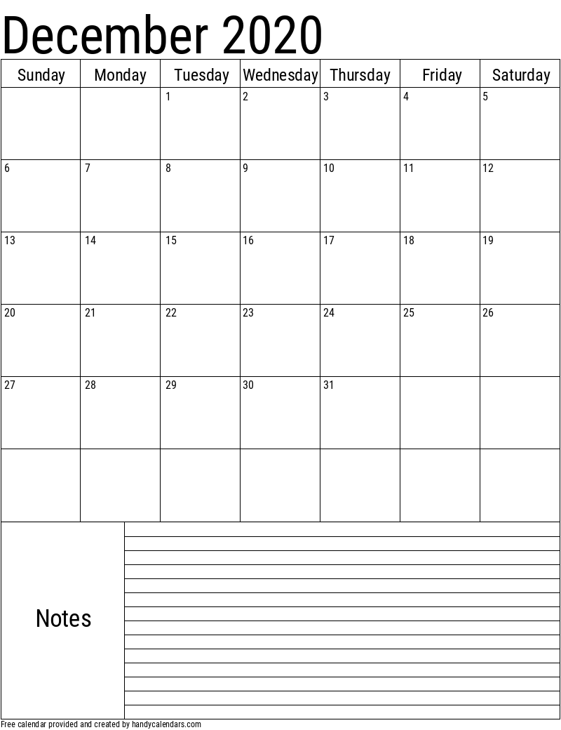 2020 December Vertical Calendar with Notes Template