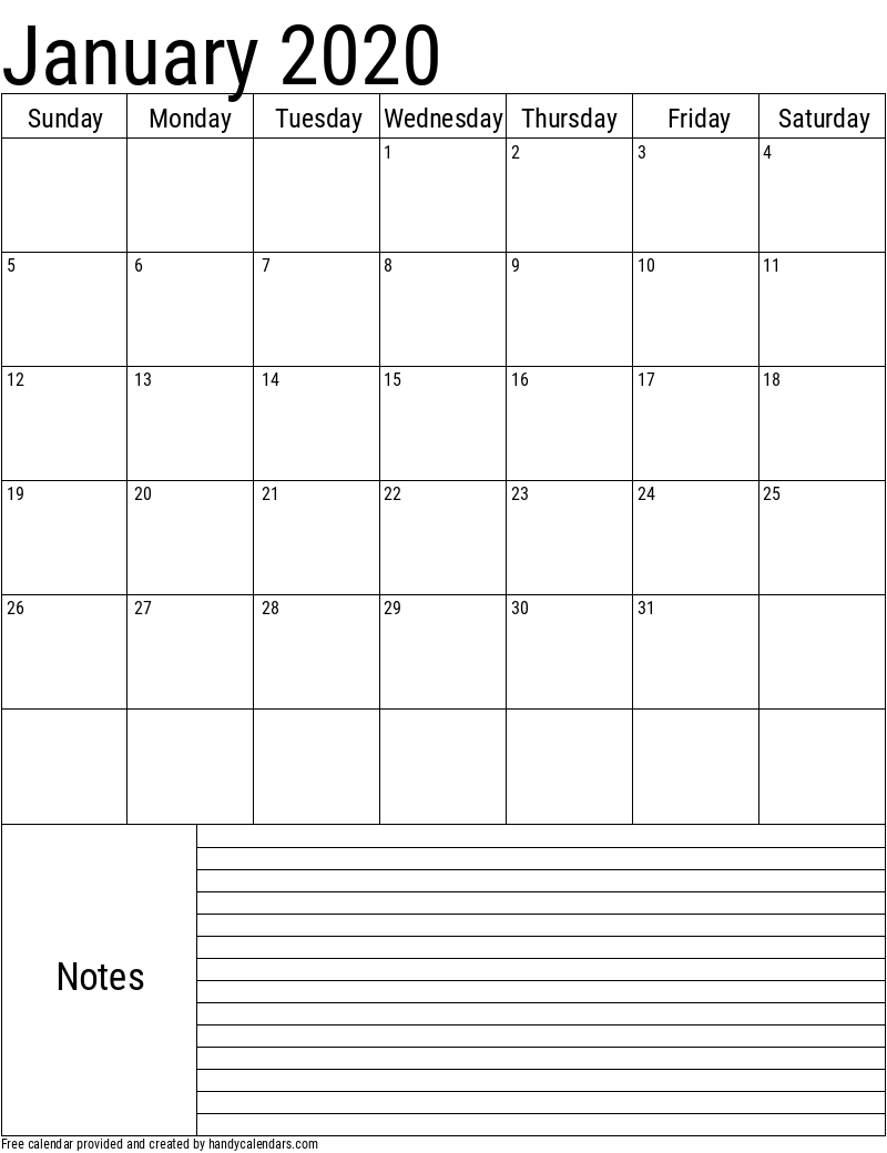 2020 January Vertical Calendar with Notes Template