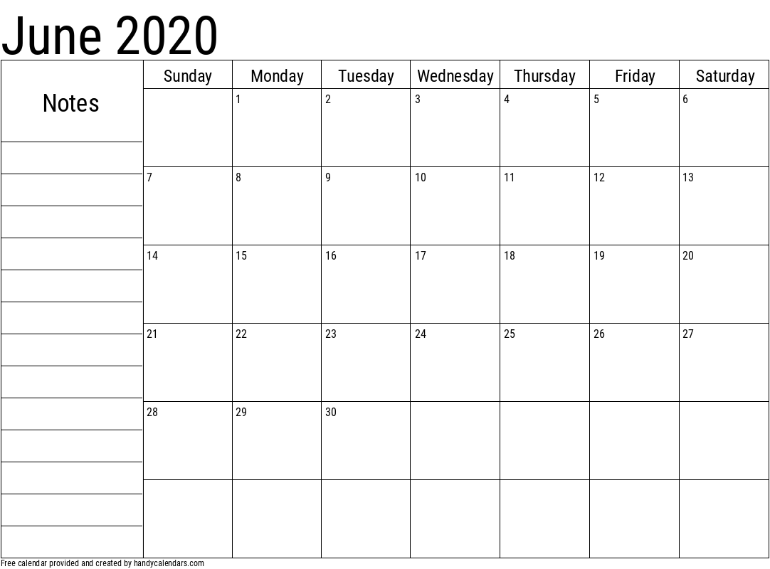 2020 June Calendar with Notes Template
