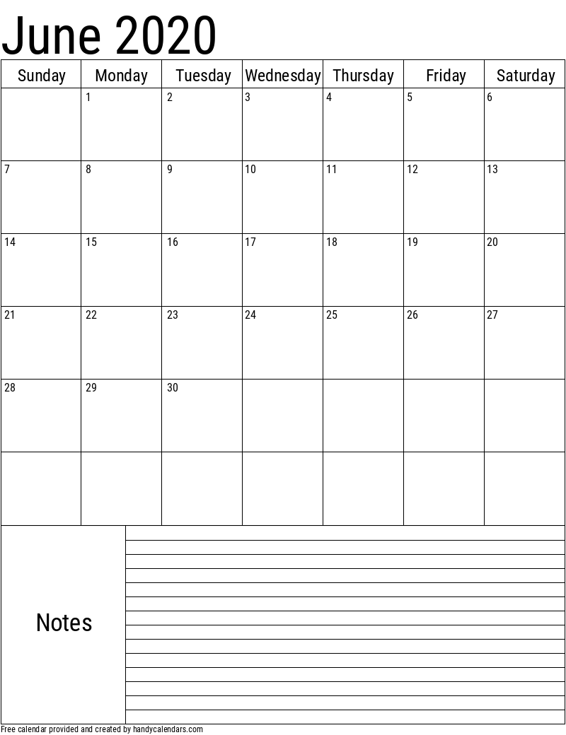 2020 June Vertical Calendar with Notes Template