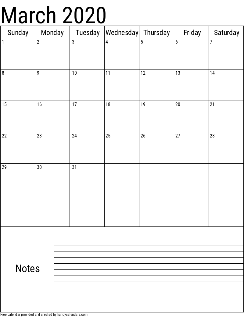 2020 March Vertical Calendar with Notes Template