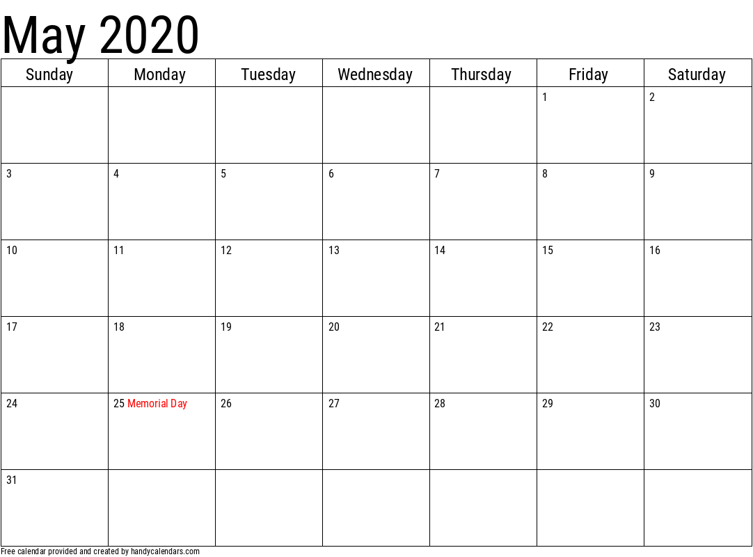 2020 May Calendar Template with Holidays